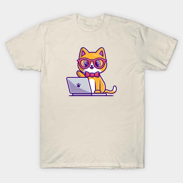 Cute Cat Working On Laptop Cartoon T-Shirt by Catalyst Labs